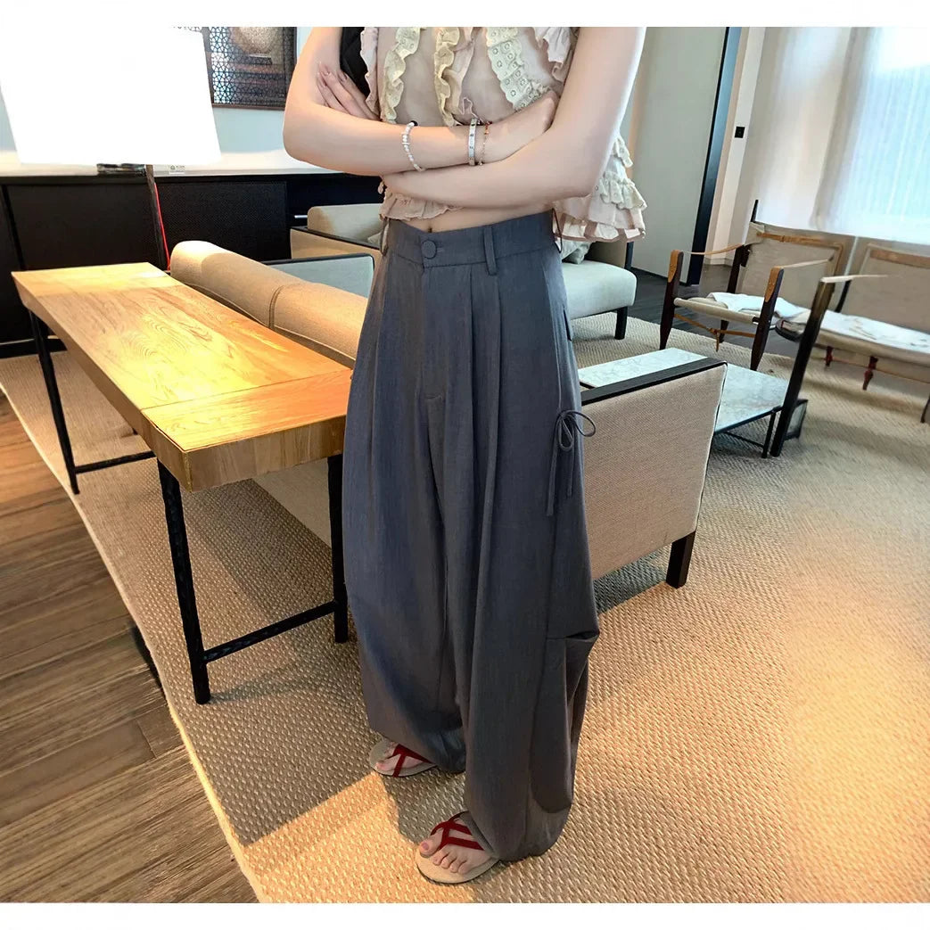 Summer Casual Workwear Pants Good Fit Stand Collar Long Trousers Comfortable Loose Fit Straight Leg Style Female Clothing