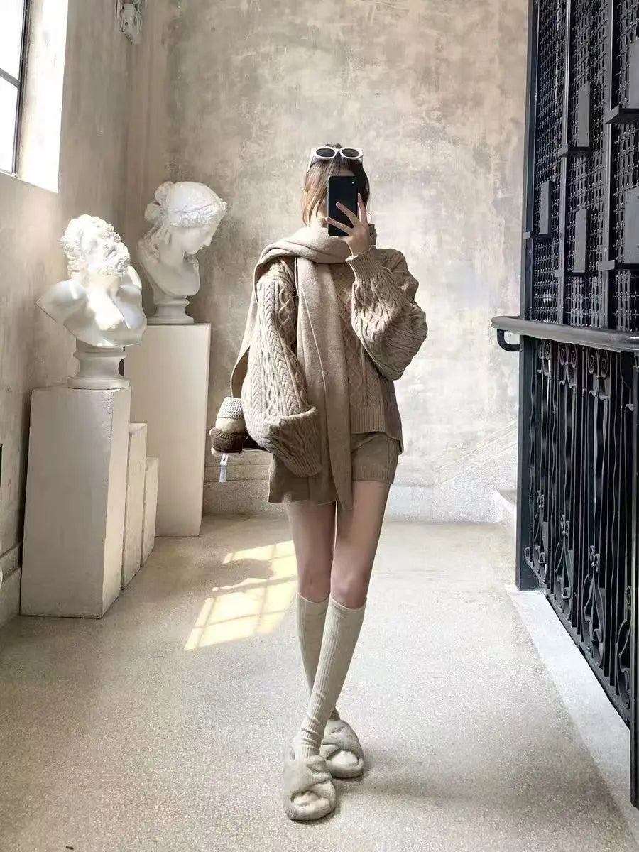 Warm Knitted Sweater Long Sleeve Casual Spiral Design Scarf Shorts Three Piece Set Anti-Aging Vintage Grey Perfect for Winter