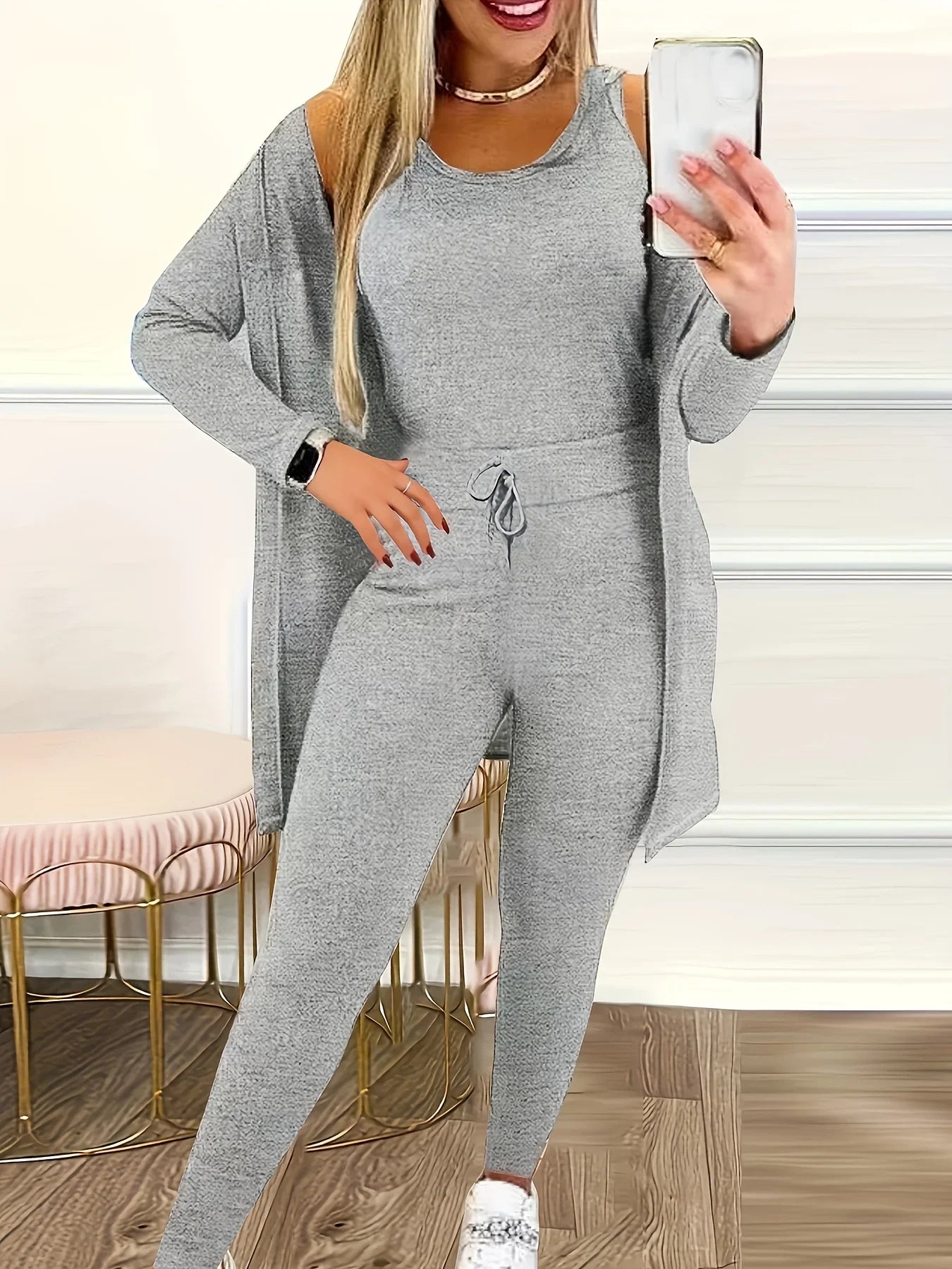 Drawstring Pocket Design Top, Trousers and Jacket Three-piece Set Large Size Suit