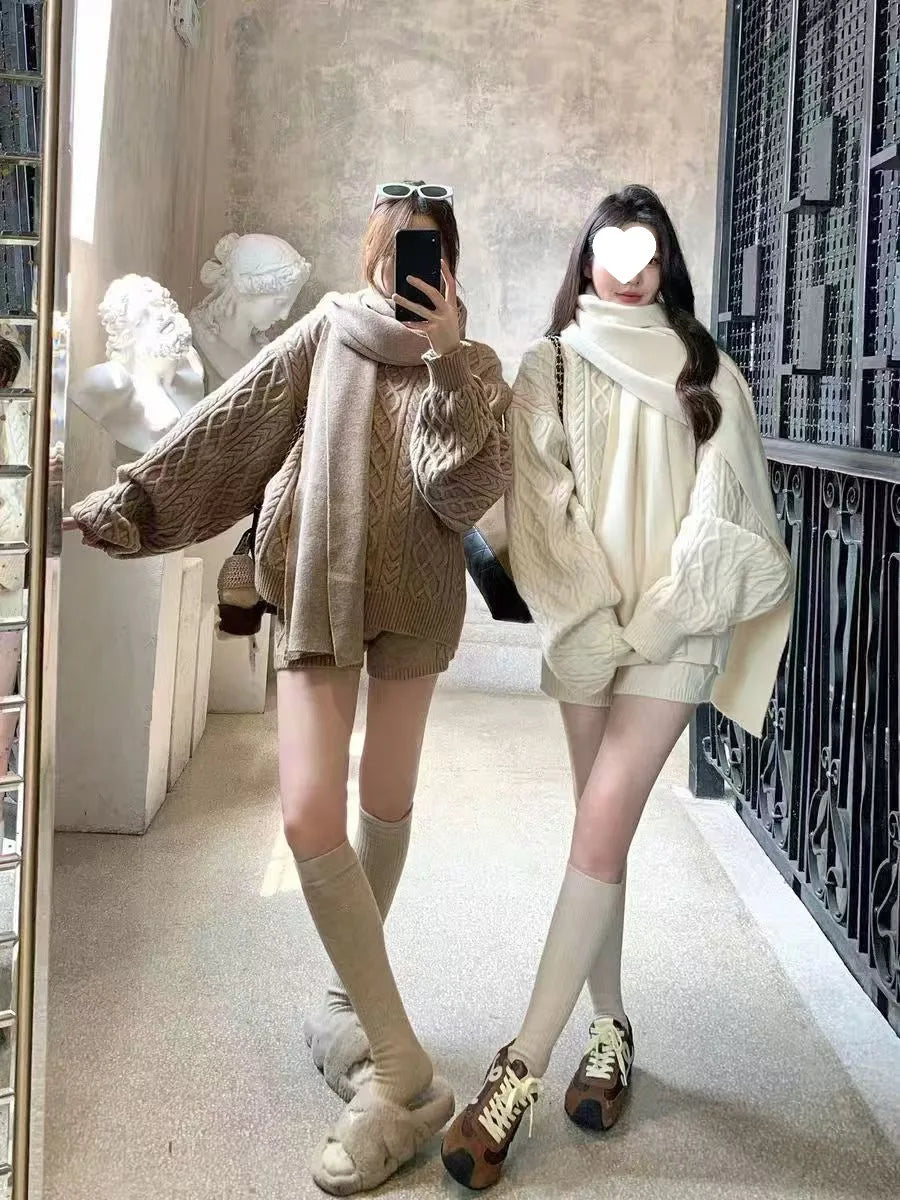 Warm Knitted Sweater Long Sleeve Casual Spiral Design Scarf Shorts Three Piece Set Anti-Aging Vintage Grey Perfect for Winter