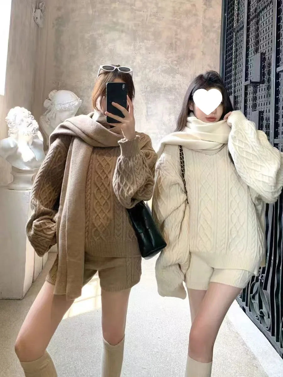 Warm Knitted Sweater Long Sleeve Casual Spiral Design Scarf Shorts Three Piece Set Anti-Aging Vintage Grey Perfect for Winter