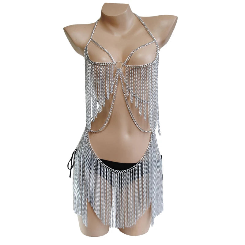 High-End Metal Tassel Body Chain Women's Clothing 2025 Summer Sexy Dress Sparkling Accessories Shiny Clubwear Party Jewelry Y2K