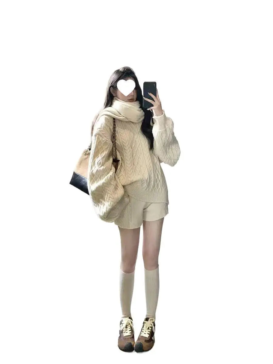 Warm Knitted Sweater Long Sleeve Casual Spiral Design Scarf Shorts Three Piece Set Anti-Aging Vintage Grey Perfect for Winter