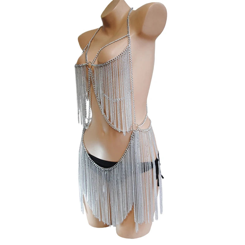 High-End Metal Tassel Body Chain Women's Clothing 2025 Summer Sexy Dress Sparkling Accessories Shiny Clubwear Party Jewelry Y2K