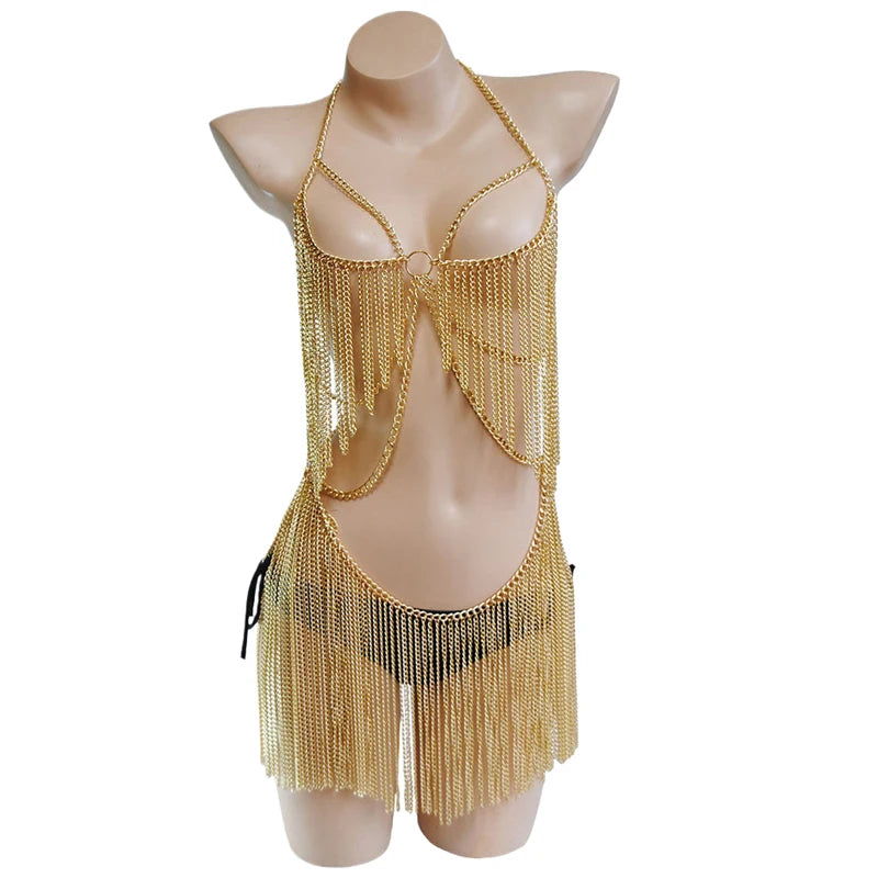 High-End Metal Tassel Body Chain Women's Clothing 2025 Summer Sexy Dress Sparkling Accessories Shiny Clubwear Party Jewelry Y2K